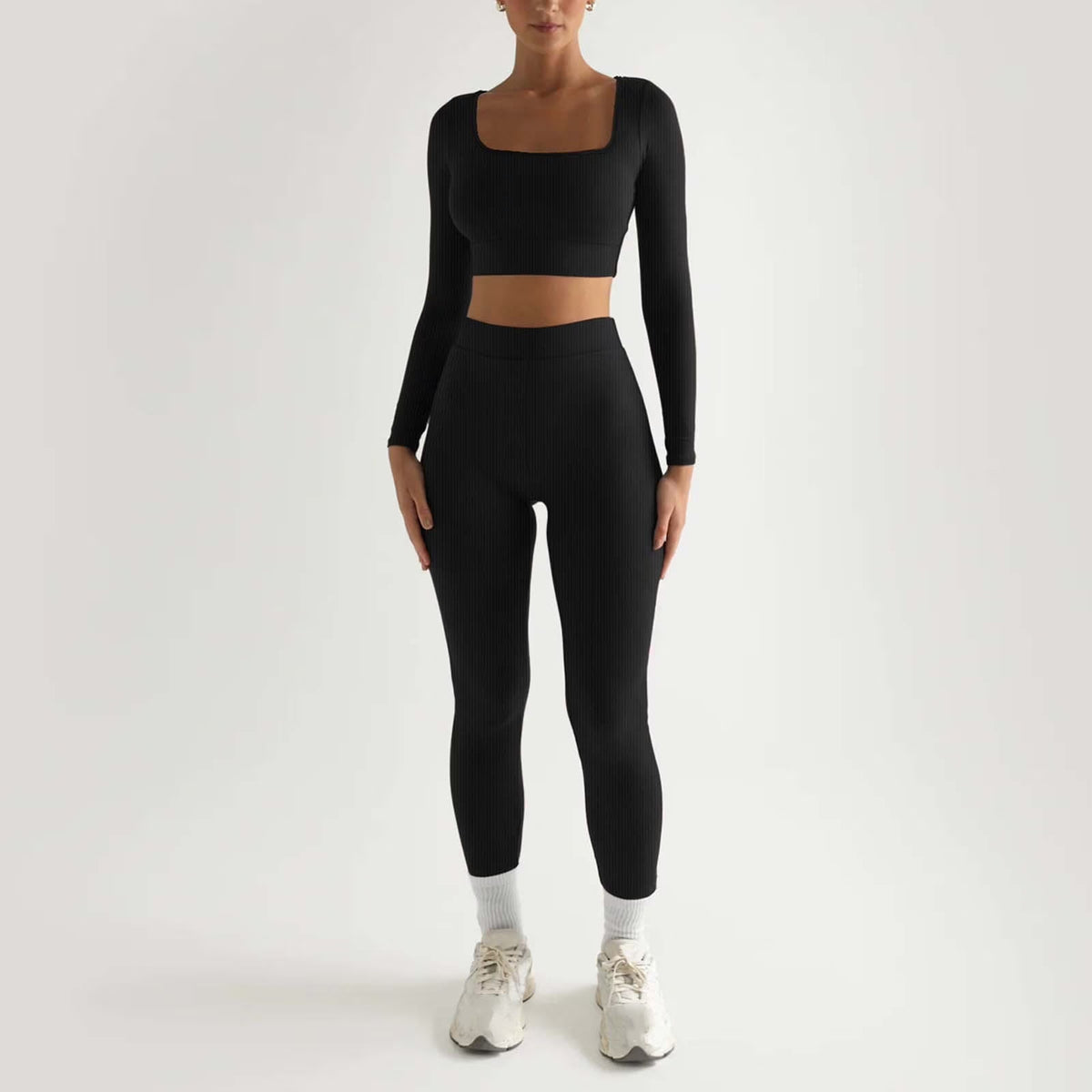 2Pc Yoga Sets for Women Women'S Fashion Casual Solid Color Long Sleeve Square Collar Two Piece Slim Yoga Sports Pants Suit Yoga Sets Yoga Package