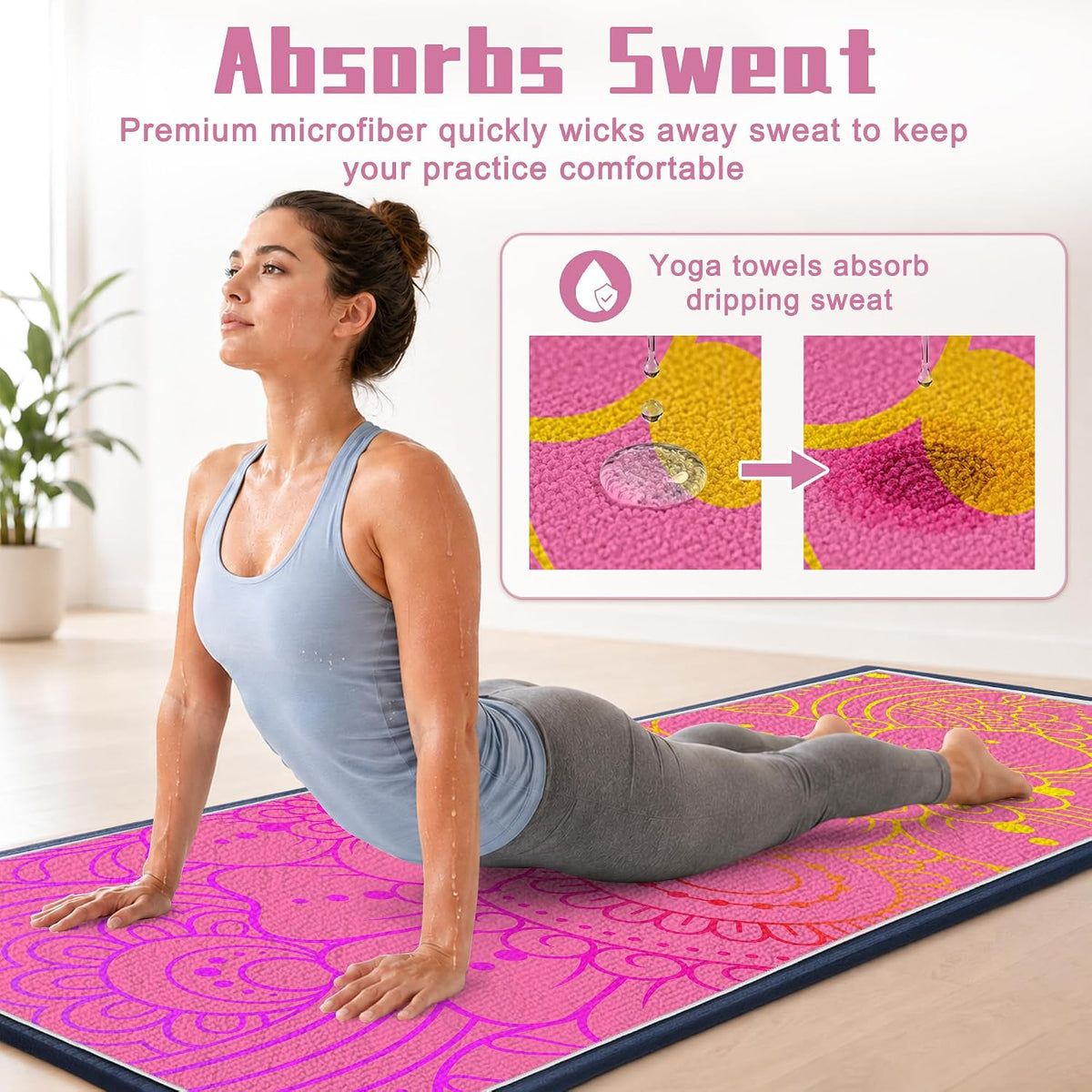 Yoga Towel,Absorbent Yoga Mat Towel for Hot Yoga Non Slip,Stylish Prints,Ideal for Workouts,Hot Yoga,Bikram,Pilates Equipment