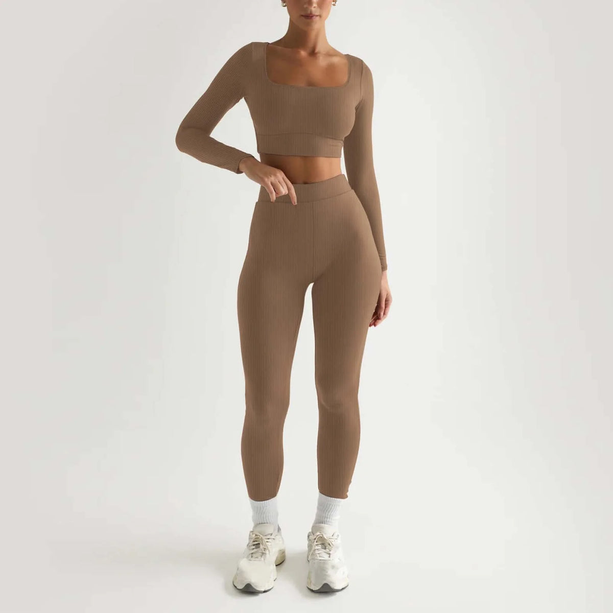 2Pc Yoga Sets for Women Women'S Fashion Casual Solid Color Long Sleeve Square Collar Two Piece Slim Yoga Sports Pants Suit Yoga Sets Yoga Package